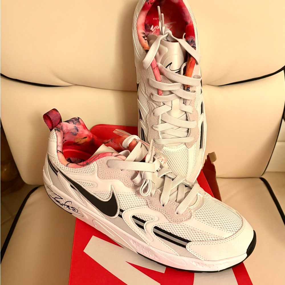 Nike White Sneakers with Black Swoosh & Pink Floral Lining